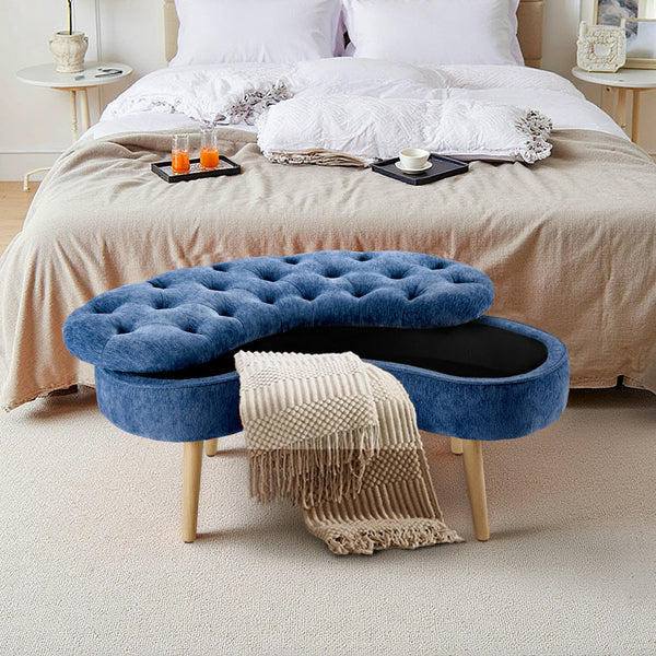 Nordic Modern Arc-shaped Design Quilted Button Fabric Upholstered Storage Stool Shoe Changing Stool with Wooden Legs, Large Capacity Shoe Changing Stool At The Entrance of The Living Room, Storage Bench At The Bed End, Blue, 103*50*46cm