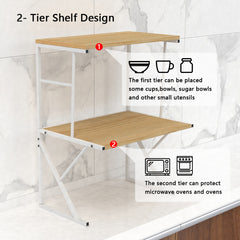 2-Tier Microwave Oven Shelf Stand, Kitchen Countertop Storage Rack Spices Rack Freestanding, Home Office Printer Stand Multifunctional Unit Shelving Wood Top Metal Frame