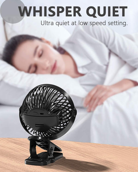 Portable USB Desk Fan - Rechargeable 2600Mah Stroller Fan with Powerful Airflow, Low Noise Clip-On Design for Pram, Camping, Home, Office, Travel_Black