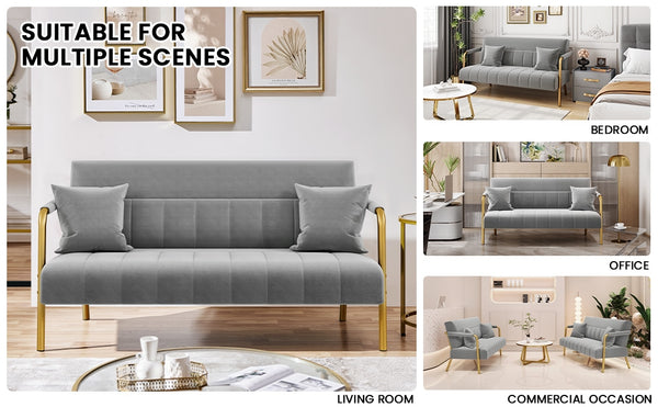 Costoffs Sofa Couch Modern Velvet Sofa Couch, 143cm Small Loveseat with Gold-tone Metal Arms & Legs, Upholstered Design, Includes 2 Pillows, Ideal for Bedroom, Home Office, Studio, Small Spaces, Light Grey/Green/Beige/Black/Pink