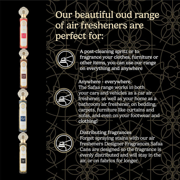 Dubai Luxury Air Freshener Set 4×300 ml — Amal • Emaan • Malika • Oud | Long-Lasting Natural Oil Spray for Home, Kitchen, Office, Car, and Bathroom
