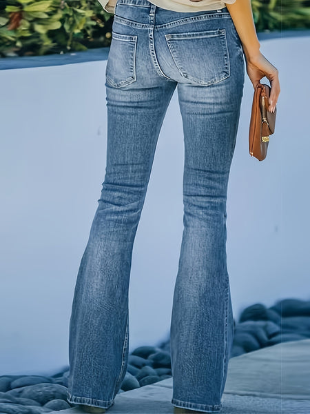2025 New Women'S High-Stretch Flared Pants, Mid-Rise Fitted, Solid Hue, Suitable for All Seasons (55%, 43%, 2% Elastic Fiber), Button Closure, Pockets, Urban Style, Long - Out