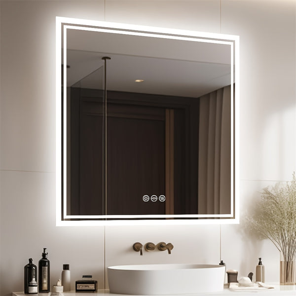 Square LED Bathroom Mirror Measuring 800X800Mm, Featuring Illuminated Backlighting, Wall Mounting, an Anti-Fog Demister, a Smart Touch Button, And Dimmable Settings for Makeup Application
