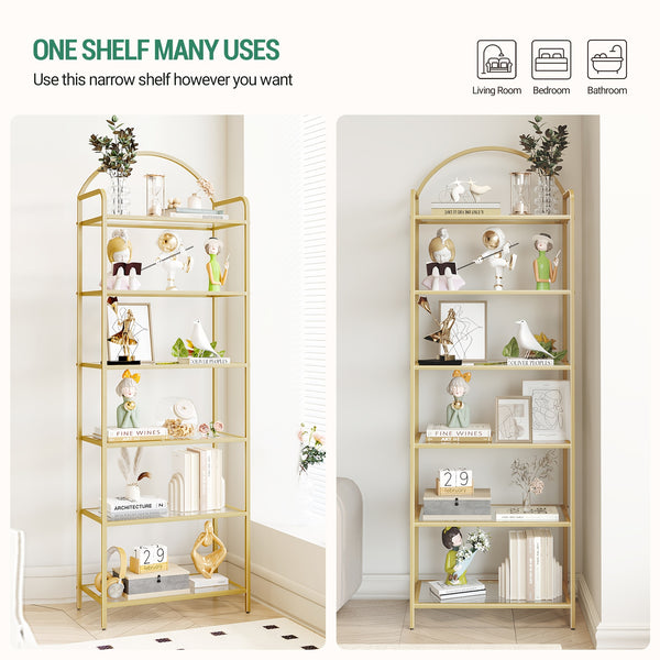 6 Tier Bookcase Bookshelf, Tempered Glass Bookshelves, Slim Shelving Unit for Bedroom, Bathroom, Home Office, Steel Frame, Golden