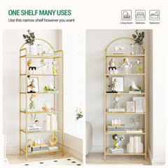 6 Tier Bookcase Bookshelf, Tempered Glass Bookshelves, Slim Shelving Unit for Bedroom, Bathroom, Home Office, Steel Frame, Golden