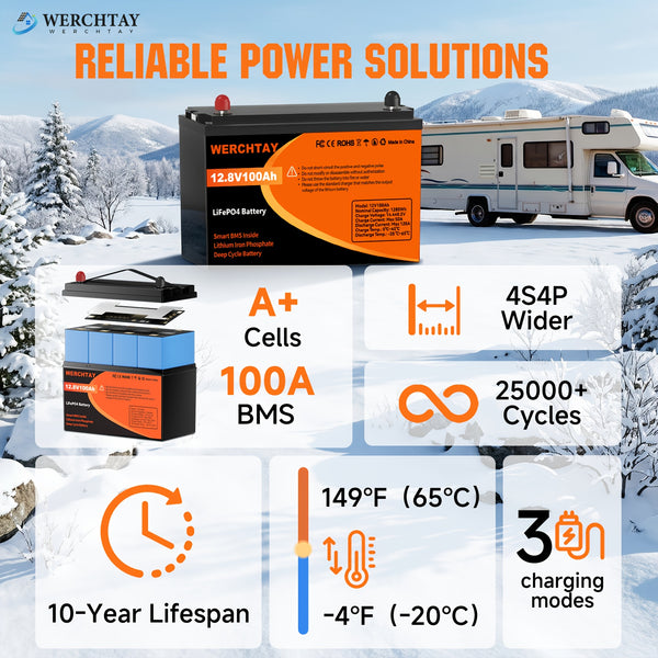 WERCHTAY 12.8V Lifepo4 Battery with Capacities of 300/200/100Ah, Featuring A+ Grade Battery Cells, Over 25, 000 Deep Cycles, And an Intelligent BMS for Protection Against Overcharging And Over-Discharging, Suitable for Home Energy Storage