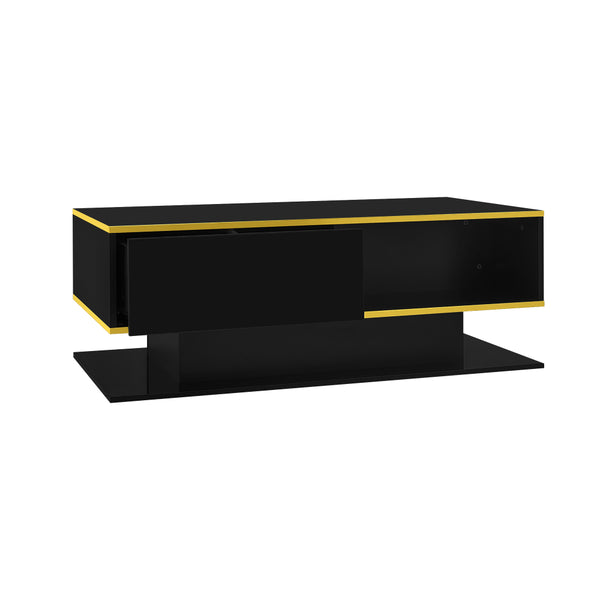 Modern LED coffee table, 100cm high gloss white coffee table, with 3 drawers and RGB light strips, adjustable color/brightness, gold edge, PB board material, suitable for living room, bedroom, lounge, studio - with a load-bearing capacity of 50kg and spac