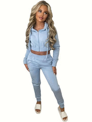 Women'S Fleece Hoodie Hooded Crop Top And Leisure Set