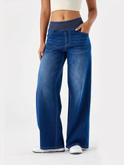 Women's High-Waisted Stretch Wide-Leg Jeans - Elastic Waist Denim Pants with Water-Washed Texture