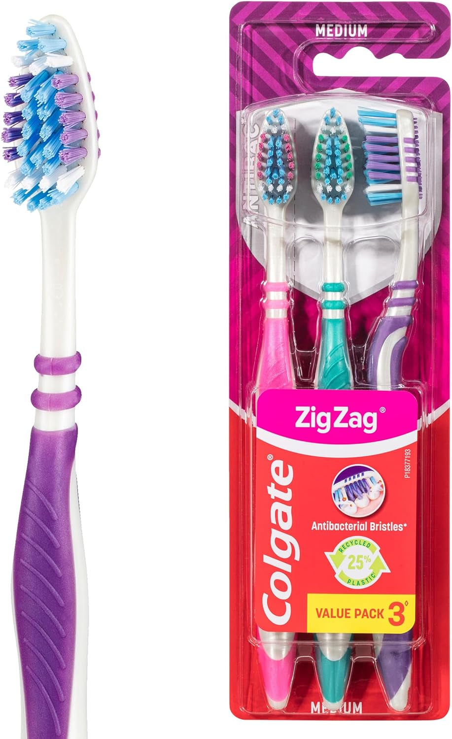 Colgate Zig Zag Medium Manual Toothbrush - Multi Angle Cross Bristles with Flexible Neck for Gum Comfort - 3 Count (Pack of 1)