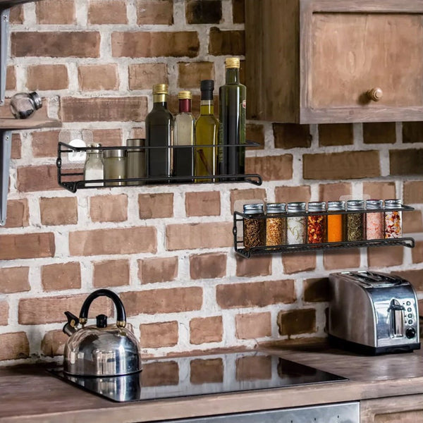 4 pieces, kitchen spice rack combination, no punching seasoning storage rack, metal wall mounted kitchen spice rack, layered storage of spices, seasonings, knives and forks, bathroom toiletries storage rack, cosmetics shelf, black