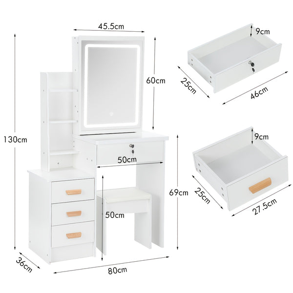 Dressing Table with LED Lights And Adjustable Brightness, Vanity Desk with Mirror, 4 Drawers, 6 Hidden Shelves, And Stool, Makeup Desk for Bedroom, Modern Makeup Table with Mirror And Chair (White)