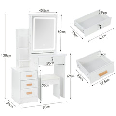 Dressing Table with LED Lights And Adjustable Brightness, Vanity Desk with Mirror, 4 Drawers, 6 Hidden Shelves, And Stool, Makeup Desk for Bedroom, Modern Makeup Table with Mirror And Chair (White)