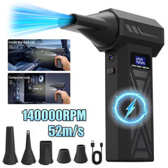 Turbine Fan with 140000 Revolutions Per Minute Powerful Blowing -4-Speed Speed Regulation, Multi Head Nozzle, LED Light, Suitable for Car Snow Removal, Computer Dust Removal, Grill Cleaning, Outdoor Camping, And Home Ventilation Maintenance, Wireless Port