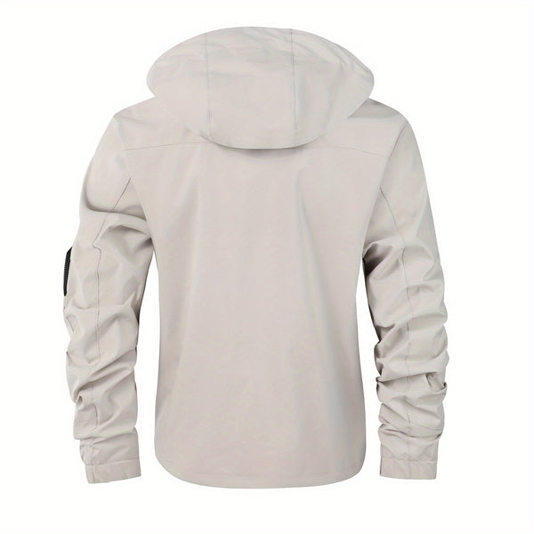 Multiple Pocket Design Men's Embroidery Long Sleeve Zip Up Drawstring Hooded Jacket, Men's Stand Collar Thin Jacket for Spring Outdoor