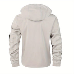 Multiple Pocket Design Men's Embroidery Long Sleeve Zip Up Drawstring Hooded Jacket, Men's Stand Collar Thin Jacket for Spring Outdoor