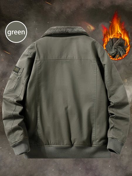Men'S Fleece Lined Utility Jacket, Winter Outdoor Windproof Coat Warm Cold Weather Gear, Casual Athletic Trench Coat, Comfortable Fleece-Lined Thickened Jacket, Arm Sleeves with Zipper Pockets, Letter Print