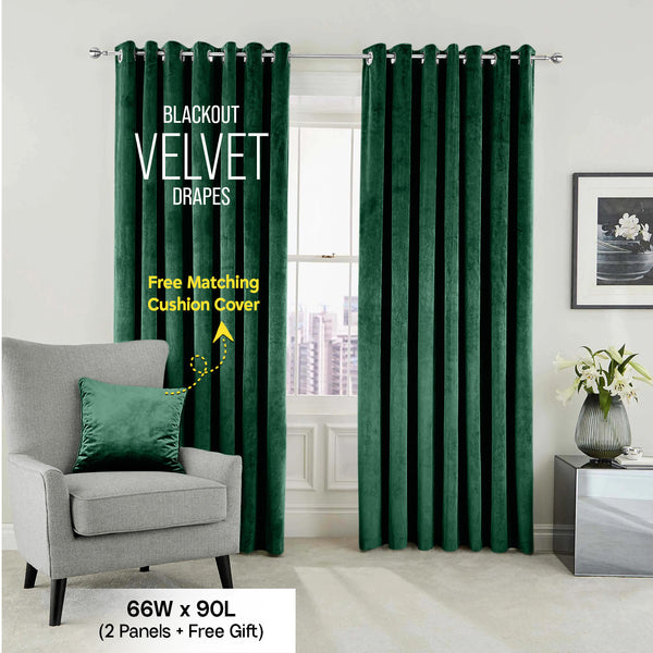2pc Luxury Velvet Curtain Panels with Free Matching Velvet Cushion Cover – Thermal Insulated Grommet Top Drapes, Energy Saving Curtain Panels for Bedroom & Living Room Home Decor, Perfect Holiday Gift