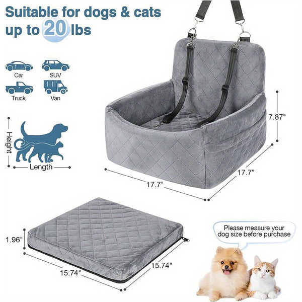 Dog And Cat Booster Car Seat with 3-Strap Safety System | Plush Memory Foam Bed And Removable Washable Cover | Non-Slip Base for Car Travel, Road Trips, And Outdoor Adventures