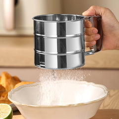 Heavy-Duty Stainless Steel Sieve Cup Sifter with Fine Mesh - Non-Stick Baking Strainer, Easy-Grip Handle for Flour, Cocoa, Sugar, Spices - Ideal for Home & Professional Kitchens - Durable Kitchen Tool, Modern Kitchenware, Shiny Metallic Finish