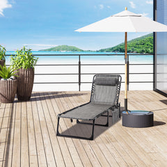 Portable Sun Lounger, Folding Camping Bed with Side Pocket and Pillow for Patio