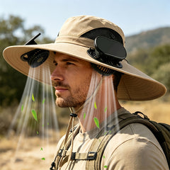 Wearing An Outdoor Solar Fan Hat, It Features A Dual-fan Design And A Wide Brim, Supports USB Charging to Ensure Long-lasting Battery Life, And Is Perfect for Activities Such As Camping, Hiking And Fishing.