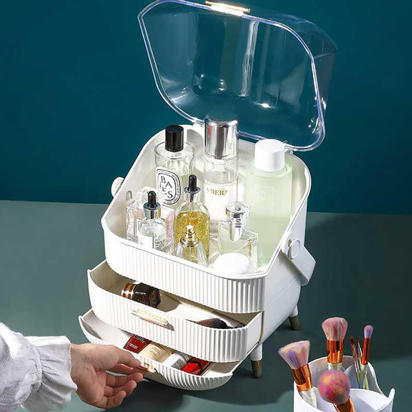 Jewelry Storage Box, White Makeup Organiser Storage Box with 2 Drawers, 25*18.5*37cm Cosmetic Organiser, Large Capacity Multi-Function Make Up Case with Clear Lid, Jewelry Display Case, Cosmetics Storage Box Suitable for Necklace, Bracelet, Watch, Earring
