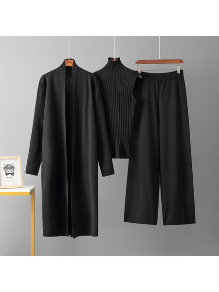 2025 newest suit high elasticity Women's loose suit, long wide-legged pants + shawl cardigan + turtleneck sweater fashion three-piece set Can be worn up to 70kg Suitable for female