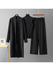 2025 newest suit high elasticity Women's loose suit, long wide-legged pants + shawl cardigan + turtleneck sweater fashion three-piece set Can be worn up to 70kg Suitable for female