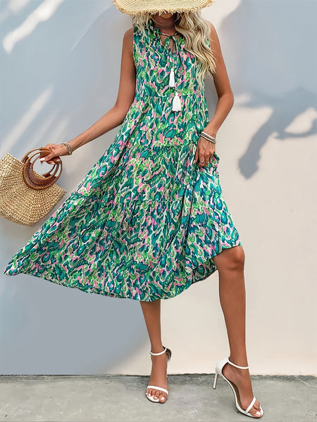 Spring/Summer Vacation Women'S Sleeveless Bohemian Style Fringed Tie-Up Printed Dress