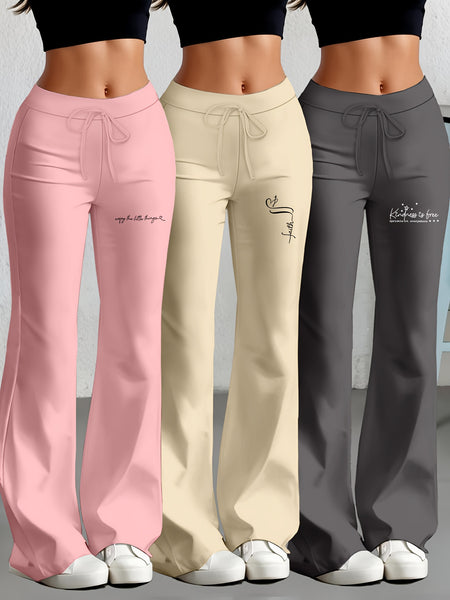 European and American Spring/Summer New Fashion Women's Bottoms: Flared Straight-Leg Pants with Classic English Text Print, Daily Casual Butt-Lifting Peach Butt Long Pants, Three-Piece Set