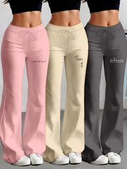 European and American Spring/Summer New Fashion Women's Bottoms: Flared Straight-Leg Pants with Classic English Text Print, Daily Casual Butt-Lifting Peach Butt Long Pants, Three-Piece Set