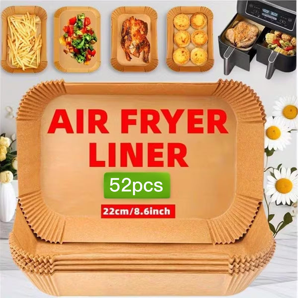 52/102/202pcs Pre-Cut Air Fryer Liners - 22x14cm, Suitable for Dual Basket Fryers, Heat-Resistant Disposable Rectangle Sheets, Bulk Value Pack for Home and Commercial Use, Air Fryer Accessories, Easy-Clean Pads, Durable Kitchenware.