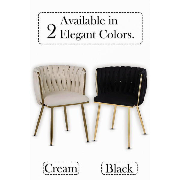 Set of 2 x Luxury Velvet/Metal Upholstered Seat Woven Dining Kitchen Home Restaurant Bar Pub Stool Chair (Cream/Gold)