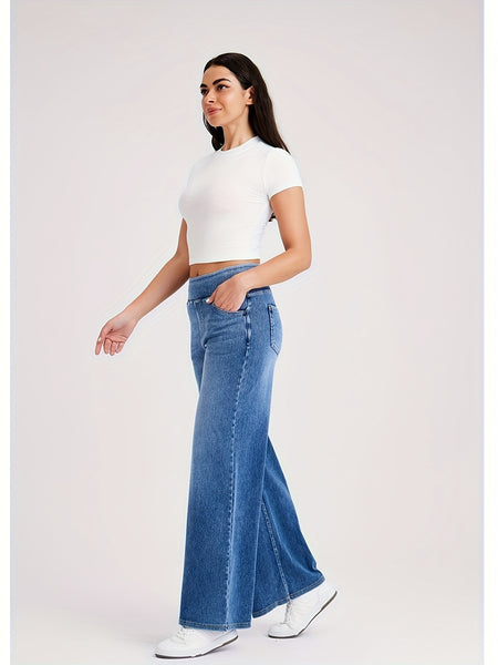 ' High Waisted Wide Jeans - Stretchy Pants with Multiple Pockets, -Washed - Casual Trousers for Jeanswear & Layering (Wide-Waisted Fit)