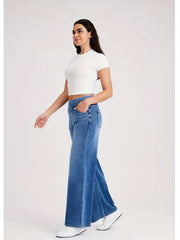 ' High Waisted Wide Jeans - Stretchy Pants with Multiple Pockets, -Washed - Casual Trousers for Jeanswear & Layering (Wide-Waisted Fit)