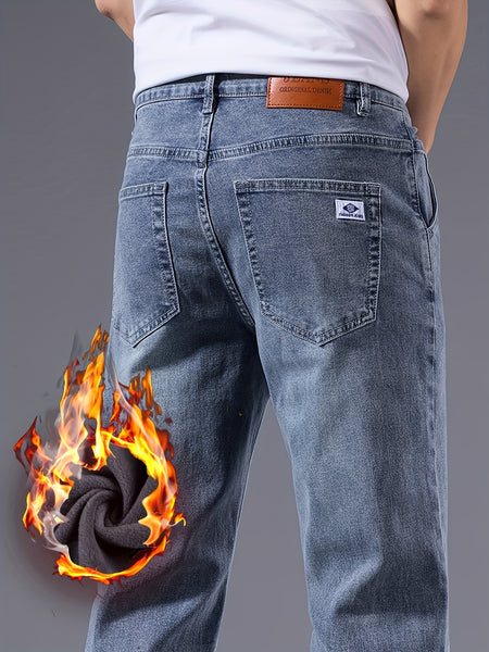 Vintage Men's -Lined Thickened Loose Straight-Leg Jeans - 092+1# Autumn/Winter New Style, Simple and Versatile with Slight Stretch