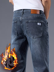 Vintage Men's -Lined Thickened Loose Straight-Leg Jeans - 092+1# Autumn/Winter New Style, Simple and Versatile with Slight Stretch