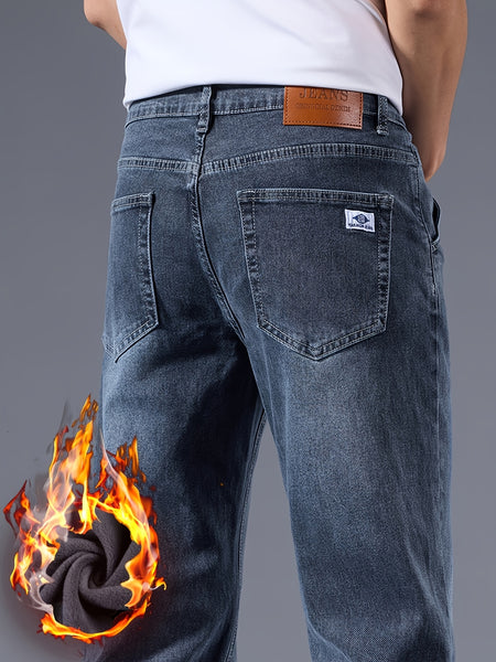 Vintage Men's -Lined Thickened Loose Straight-Leg Jeans - 092+1# Autumn/Winter New Style, Simple and Versatile with Slight Stretch