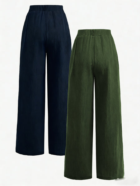 2pcs Women's Wide-Leg Pants with Elastic High Waist Loose Fit Straight Leg + Step