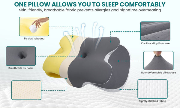 Cervical Neck Pillows for Neck and Shoulder, Odorless Memory Foam Pillow with Cooling Silk Case, Orthopedic Pillow Neck Support - Gray