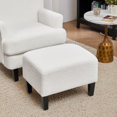 White Teddy Fabric Lounge Chair with Ottoman - 69x58x85.5cm Plush Armchair, Sponge Cushion & Plywood Frame, for Living Room/Bedroom (Black Wooden Legs)
