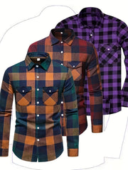 3 Men'S Plaid Shirt Top Lapel Long Sleeve Closure Men'S Casual Shirt Suitable for Men'S Daily Holiday Street Wear Casual Plaid Shirt Four Seasons Fashion Comfortable Fit Red, Blue And Black 3-Color Combination Pc Button Collar Chest Pocket