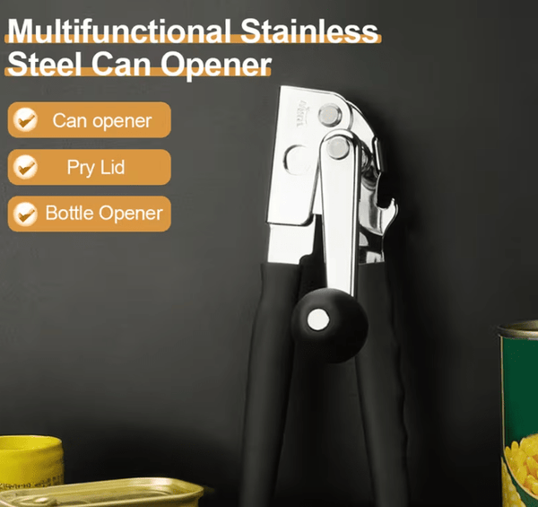 Multi-functional manual can opener stainless steel can and bottle opener in one non-slip labor-saving handle safe and without sharp edges suitable for kitchen tools for cans and bottle caps.
