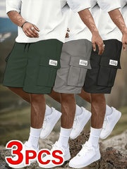 3pcs Men's Casual Cargo Shorts - Mid-Rise Elastic Waist, Multiple Utility Pockets, Loose Fit Durable Fabric for Golf & Outdoor Activities (Black, Beige, Light Gray, Dark Gray), Active Clothing | Relaxed Style | Flexible Comfort