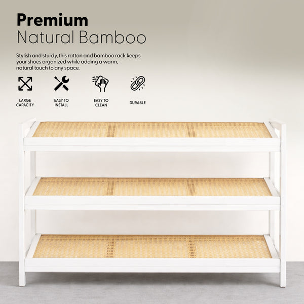 KEPLIN 2/3/4-Tier Bamboo and Rattan Shoe Rack Organizer – Durable, Easy Assembly – Compact Design for Entryway, Closet, or Hallway – Stylish and Functional Storage – Black and Natural