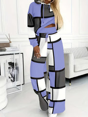 Casual Color Block 2pcs Set, Long Sleeve Hooded Top And Drawstring Pants, Women'S Clothing