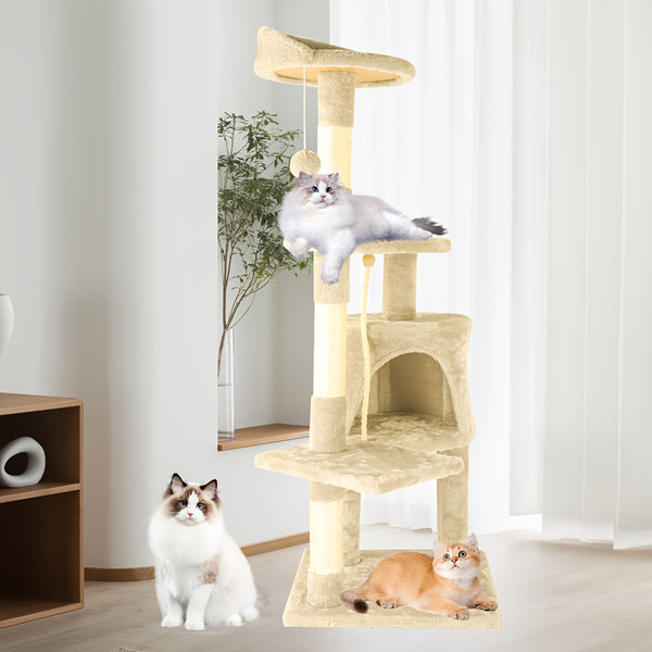 A Luxurious Beige Cat Tree, Super Large And Four Stories High, Featuring a Scratching Post, a Hanging Ball, And a Snug Little House. an Ideal Present for Indoor Cats, This Cat Tower Includes a Litter Area And a Scratching Board