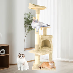 A Luxurious Beige Cat Tree, Super Large And Four Stories High, Featuring a Scratching Post, a Hanging Ball, And a Snug Little House. an Ideal Present for Indoor Cats, This Cat Tower Includes a Litter Area And a Scratching Board