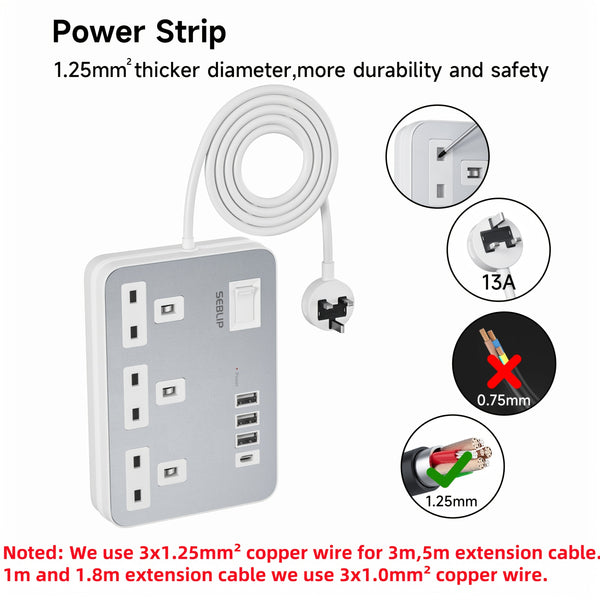 Power Supply 7in 1 Flat Plug Power Socket Outlet Extension Lead, 4 USB Slots Charging Ports Extension Socket, Multi Socket Power Board
